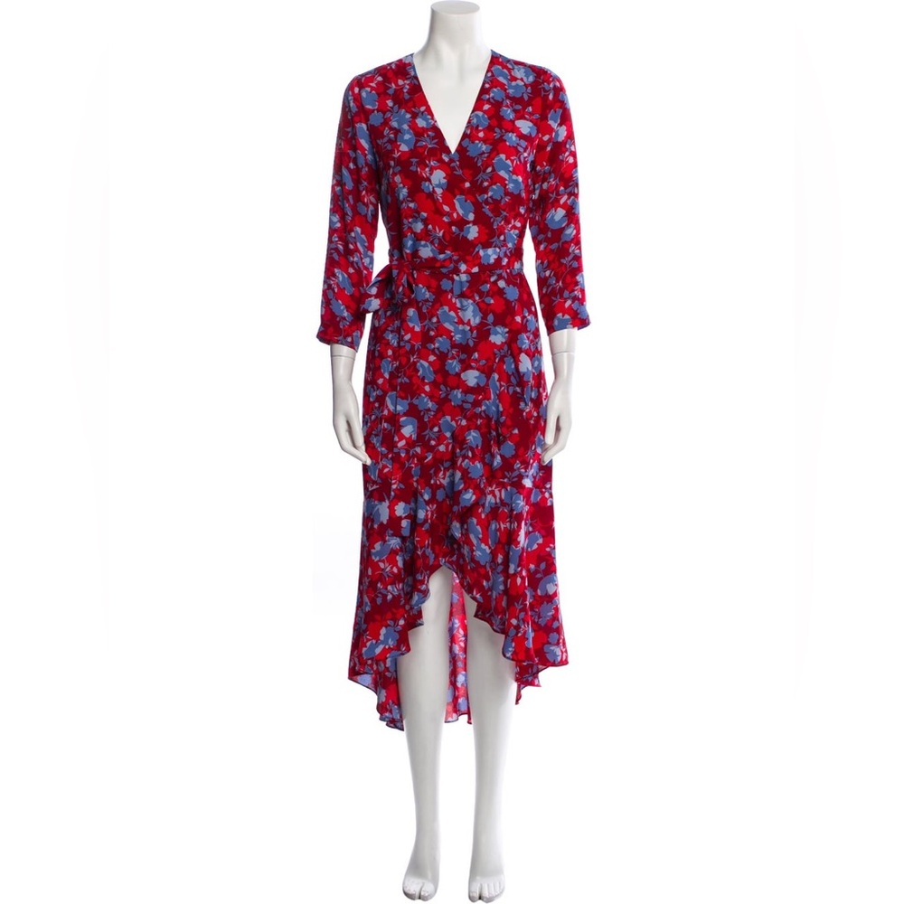 Alexis Red Floral Wrap Dress Midi High Low Hem Blue Print Long Sleeve Size M